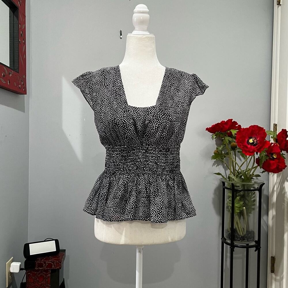 NEW Ann Taylor Silk Smocked Peplum Ruffle Cap Sleeves Polka Dot Cami + Blouse 2P